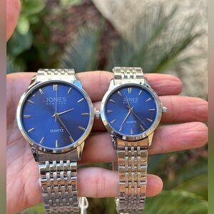 🆕 Jones New York His & Hers Watch Chrome Blue Face Bracelet Watch Gift Set